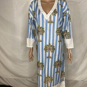 Fancy Women's Cotton Poplin Palm Tree Summer Dress Size L | Color: Blue/White